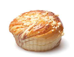 Brioche with cheese garnish on white backcground