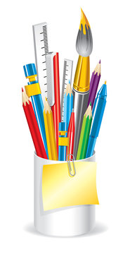 Stand with writing office tools and stickers (vector)