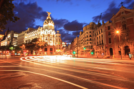 Gran via street in Madrid, Spain at night