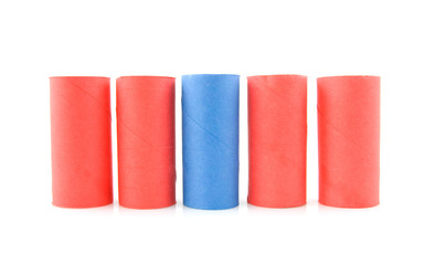 empty red and blue toilet paper rolls over white