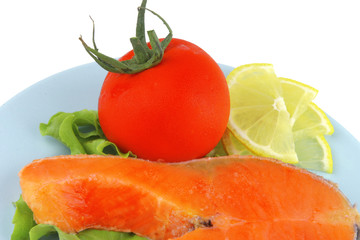 salmon steak on blue dish