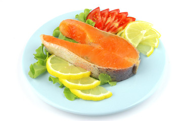 salmon steak on blue dish