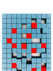 Abstract red and blue metallic cubes on a white