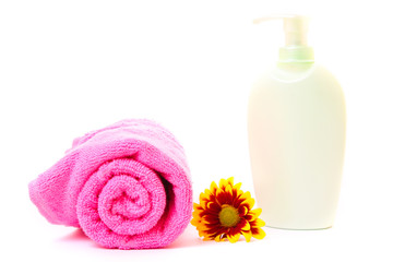 Obraz na płótnie Canvas soap, flower and towel on white.