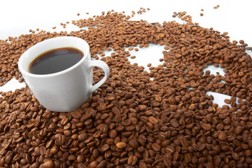 Cup with coffee, costing on coffee grain