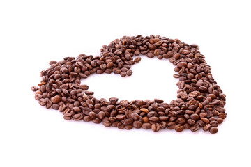 Coffee beans in heart symbol isolated on white. I love coffee.