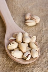 Pistachio Nuts On Wooden Spoon