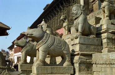 Stone rhinos and man-faced lions, Bhaktapur, Nepal