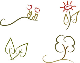 Vierteiliges Set: Natursymbole (Blumen, Blatt, Baum)
