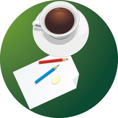 Cup and paper with pencils. Abstract composition. Vector