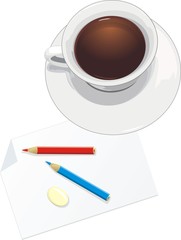 Cup and paper with pencils. Vector