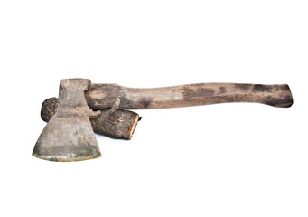 Old rusty axe and log on a white background
