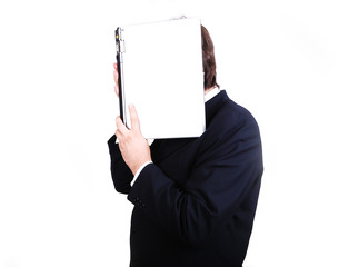 Young male standing with laptop as a book