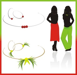 Earrings and necklace. Two sets and silhouettes of girls. Vector