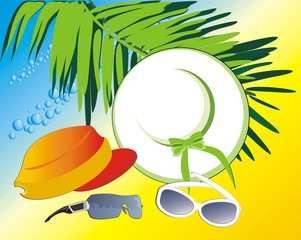 Hat, cap and glasses among the branches of palms. Vector