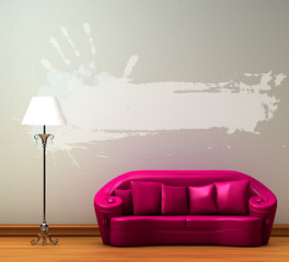 Pink couch with standard lamp in minimalist interior