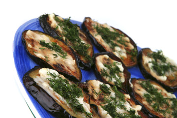 grilled egg plant on blue