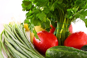 parsley, tomato, cucumber, pepper and onion