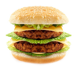 Tasty double hamburger on white background