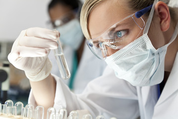 Female Scientific Research Team With Clear Solution In Laborator