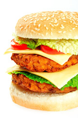 Tasty double hamburger on white background