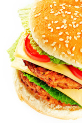 Tasty double hamburger on white background