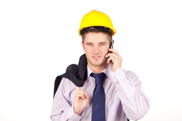 Construction worker talking on the phone
