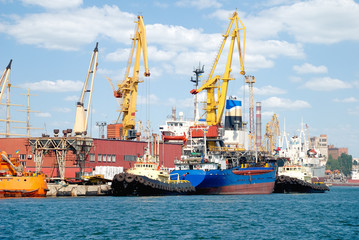 The trading seaport with cranes, cargoes and ship