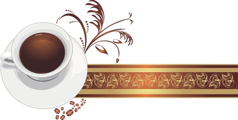 Cup with coffee on the decorative ribbon. Vector