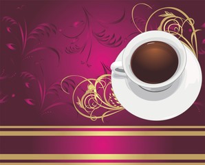 Cup with coffee on the decorative floral background. Vector