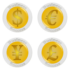 3D-Gold-Button mit Währungsymbolen Dollar, Euro, Pfund und Yen