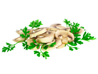 Cut ripe mushroom champignon with green parsley.Isolated