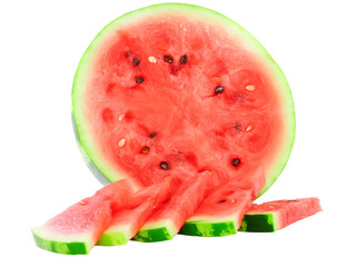 Half of watermelon  with slice, isolated on white.