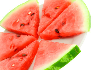 Fragment of sllice  watermelon on  plate, isolated on white.