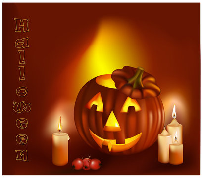 Vector. Halloween card with smiling pumpkin and burning candles.