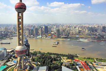 Naklejka premium China Shanghai the pearl tower and Puxi skyline