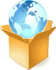 Blue glossy globe in cardboard box
