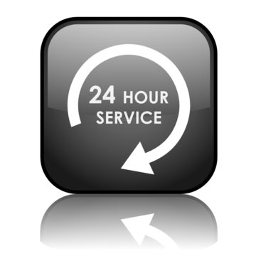 Square vector "24 HOUR SERVICE" button (black - reflection)