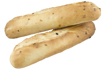 two onion baguettes isolated on white background