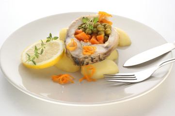 carp on organic potato and healthy vegetable