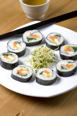 A plate of Korean cuisine and cup of tea.