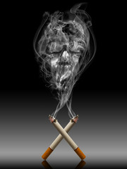 Skull in double cigarette's smoke representing death