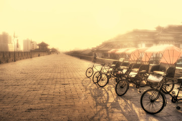 Xi'an / China  - Town wall with bicycles