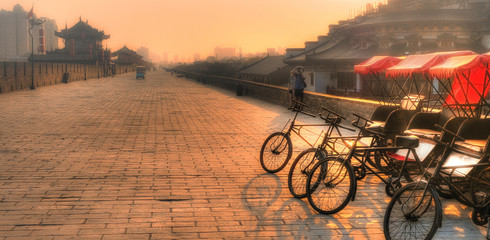Xi'an / China  - Town wall with bicycles