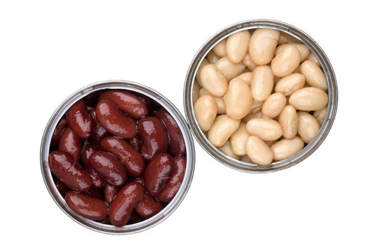 Two Open Tin Cans With Red And White  Baked Beans