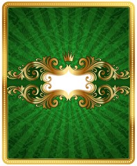 Green damask background with golden ornate frame
