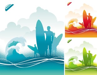 Surfers team on ocean coast