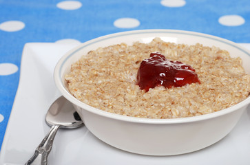 closeup oatmeal with strawberry jam