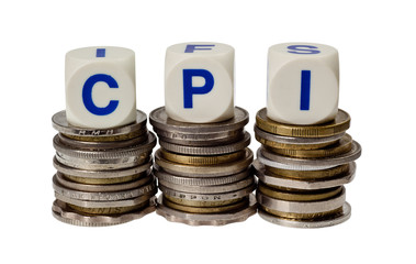 Stacks of coins with the letters CPI isolated on white