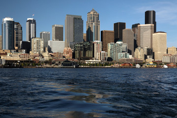 Seattle Washington city view from ocean with buildings